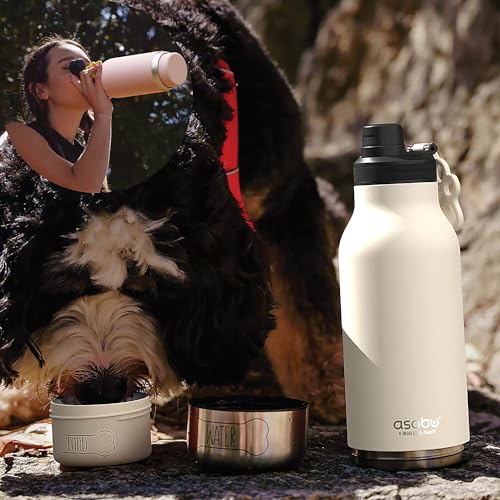 asobu Buddy Bottle a 스테인리스 스틸 단열 물병, 탈착식 개 물병 및 개 사료 및 간식 보관 그릇 포함 (화이트, 963.9g(34온스) 물병 | 그릇 2개) - color: 화이트.