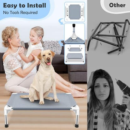 Elevated Cooling Dog Bed, Raised Outdoor Dog Bed for Medium Dogs, Portable Pet Cots with No-Slip Rubber Feet, Double Layer Polyester Cotton - color: Grey-M