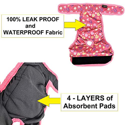 Pack of 3 Female Dog Diapers with 4 - Layers of Absorbent Pads Cat Panties Waterproof Leak Proof Washable (XS: Waist 8" - 12", Neon Pattern) - color: Pack of 3 Neon Pattern, size: XS: Waist 8" - 12"