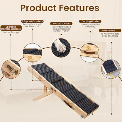 Upgraded 2026 MYUNIK Adjustable Small Dog Ramp 37.8" Foldable Solid Wood Pet Small Ramp with 5 Heights 13.6–21.5", Non-Slip Carpet Handle Ramp for Bed Couch Sofa & Car