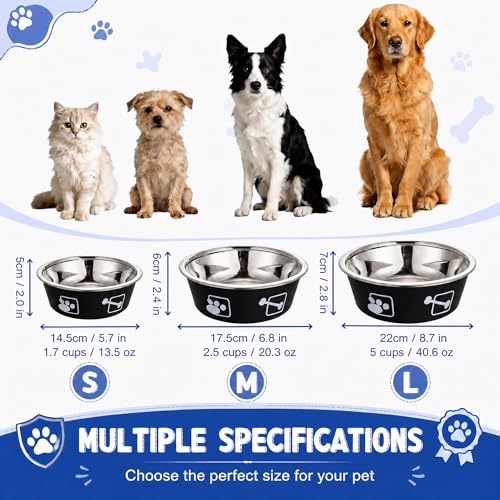 2-Pack Dog Bowls, Stainless Steel Pet Bowls, Thickened Rust-Proof Inner Bowl, Non-Slip Rubber Base, 2-in-1 Food & Water Bowl for Indoor Use (Black + Purple) (Black + Purple, L) - size: L
