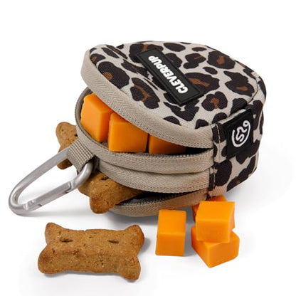 CLEVERPUP Nomad Large Collapsible Dog Bowl in Sand & Snackpack Double Insulated Treat Pouch in Leopard