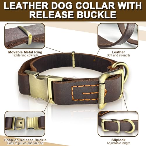 Leather Dog Collar with Metal Quick Release Buckle, Soft Genuine Cowhide Heavy Duty Metal Dog Collar Adjustable for Small Medium Large Dogs Pets. (M, Neck 14-22"(Release Buckle)) - size: M, Neck 14-22"(Release Buckle)