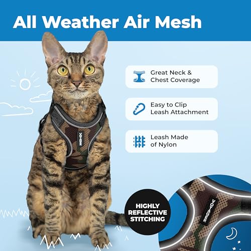 Voyager Escape-Proof Step-in Lock Cat Harness & 5ft Neoprene-Handle Leash Set All-Weather Mesh with Reflective Stitching for Small to Large Cats by Best Pet Supplies, Army (327), XXS - color: Army (327), size: XXS (Chest: 11.5 - 14")
