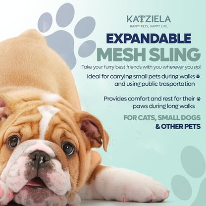 Expandable Pet Carrier Sling Bag - Small Dog, Puppy and Cat Carrier Front Shoulder Backpack w/Harness Strap - Carrying Pouch for ESA, Animal Travel - PU Leather Bottom, Mesh Pocket by Katziela (Blue) - color: Blue