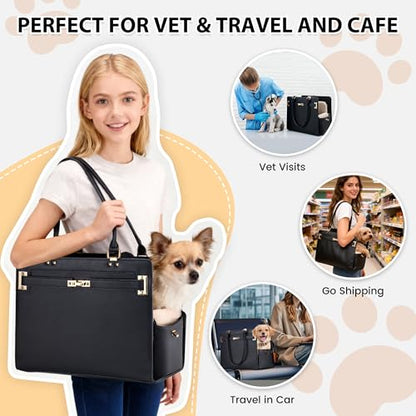 Dog Purse Carrier for Small Dogs, Stylish Foldable Pet Carrier Purse Tote Bag with Washable Cushion & Safety Leash, Airline Approved Puppy Travel Bag with Pockets (Black) - color: Black