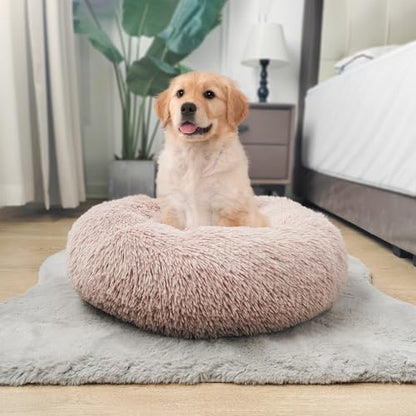 Deluxe Calming Dog Bed for Small Medium Dogs & Cats - Anti-Anxiety Donut Cuddler Cozy Warm Soft Fluffy Faux Fur Round Beds Sizes 20" Puppy Bed (Khaki, X-Small)