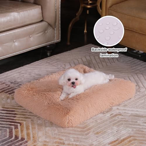 Bedfolks Waterproof Dog Crate Bed,Plush Dog Bed with Removable Washable Cover,Faux Fur Dog Crate Pad for Small Dogs and Cats,Fluffy Dog Kennel Bed 21"x13",Solid Camel - color: Solid Camel, size: X-Small(21x13'')