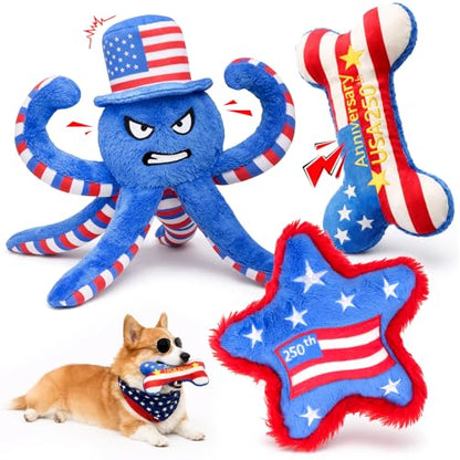 Patriotic 4th of July Dog Toys, 3-Pack Squeaky Crinkle Plush Set | For small and medium dogs; octopus toy for interactive play with a red, white and blue Independence Day design - color: Patriotic