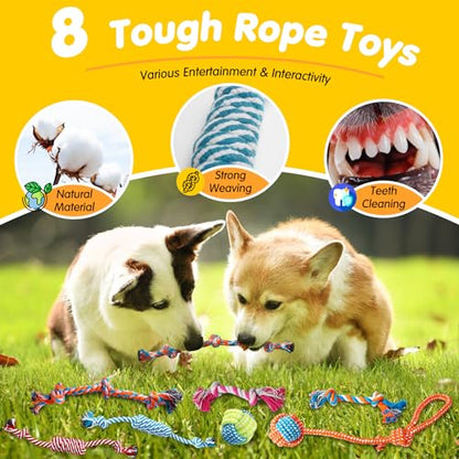 Zeaxuie 25 Pack Luxury Dog Chew Toys for Puppy, Dog Toys with Ropes, Treat Ball and Squeaky Puppy Toys for Teething Small Dogs - color: 25 Pack (Value-Toys)