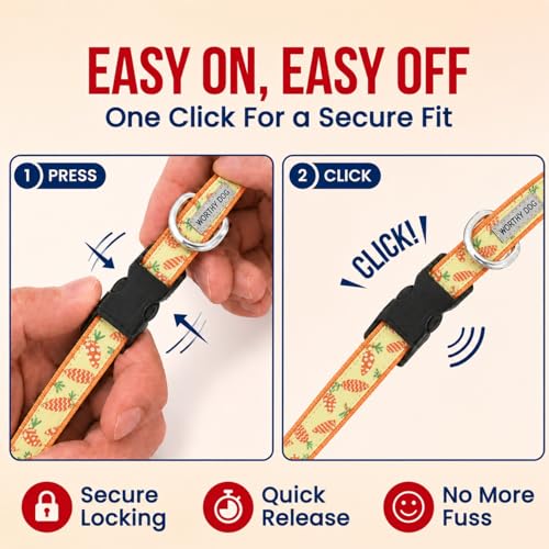 THE WORTHY DOG Spring Holiday Crazy Carrots Dog Collar – Durable Nylon, Woven Ribbon, Quick-Release Buckle, Nickel D-Ring – Green, Small - color: Crazy Carrots - Green, size: Small