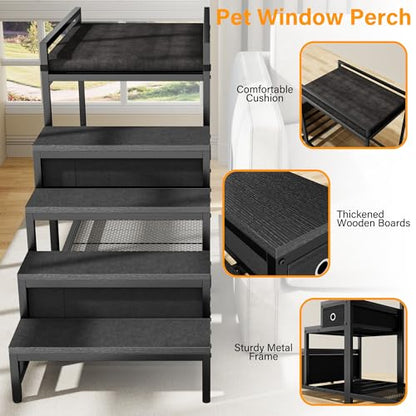 kepptory Pet Bunk Bed with Stairs and Storage, Dog Beds Attachment to Human Bed, Bedside Dogs Cot for Small, Medium Cats & Dogs, Pet Window Perch (Black) - color: Black