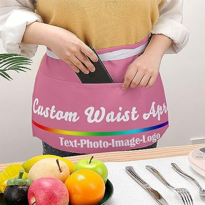 sophiehome Custom Waist Apron with Pockets Add Photo Logo Name Personalized Waiter Server Short Aprons for Kitchen - color: Dark Pink