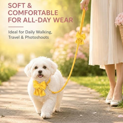 Dog Collar and Leash Set with Bowtie, Soft & Cute Puppy Collar, Cotton Puppy Collar with Adjustable Metal Buckle for Small, Medium Dog (Yellow, Size M: Neck 13"-22") - color: Yellow, size: M: Neck 13"-22" Leash 5 FT