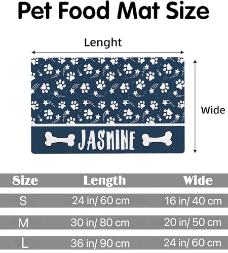 Personalized Dog & Cat Food Mat with Name Waterproof PU Pet Bowl Mat Non-Slip Rubber Bottom Easy Clean Available in(24"×16", 30"×20", 36"×24") | Pet Feeding Mat for Food & Water (Blue Paw Prints) - color: Blue Paw Prints