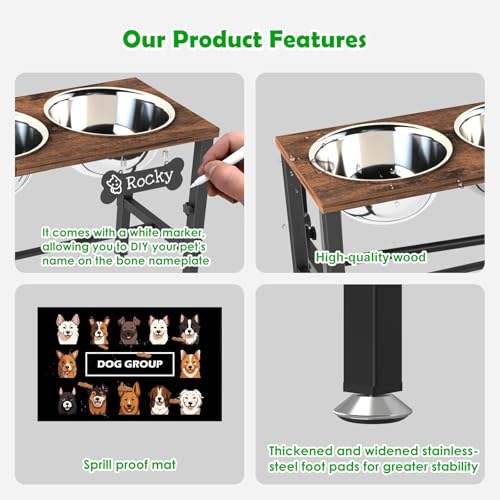 SHAINFUN Adjustable Height Elevated Dog Bowl Stand – Wooden Raised Dog Bowls with Three 58oz Stainless Steel Bowls & Mat for Small to Large Dog Breeds - color: Brown-1.7L-Three