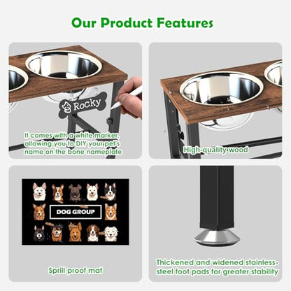 SHAINFUN Adjustable Height Elevated Dog Bowl Stand – Wooden Raised Dog Bowls with Three 58oz Stainless Steel Bowls & Mat for Small to Large Dog Breeds - color: Brown-1.7L-Three