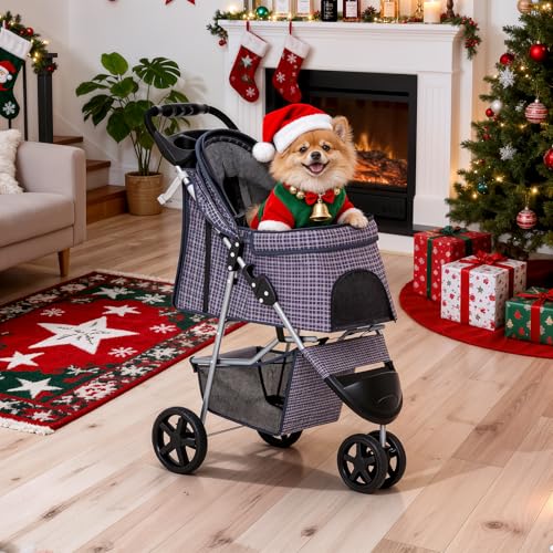 MoNiBloom 3 Wheels Pet Dog Cat Stroller for Small Medium Dogs Cats, Lightweight Foldable Jogger Stroller w/Storage Basket and Cup Holder, Plaid - color: Plaid