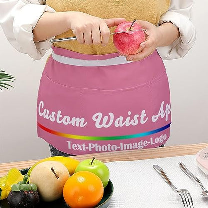 sophiehome Custom Waist Apron with Pockets Add Photo Logo Name Personalized Waiter Server Short Aprons for Kitchen - color: Dark Pink