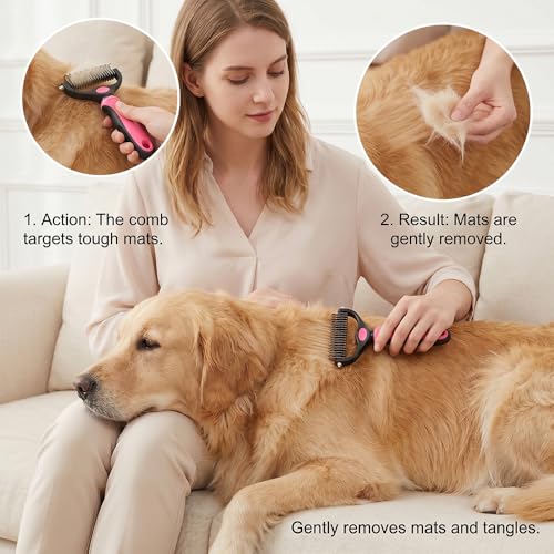 Pet Grooming Tool for Dogs & Cats, Double Sided Deshedding Brush with Undercoat Rake, Dematting Comb for Long Thick Coats, Pet Hair Removal Grooming Comb for Shedding & Detangling (1, Blue, Large)