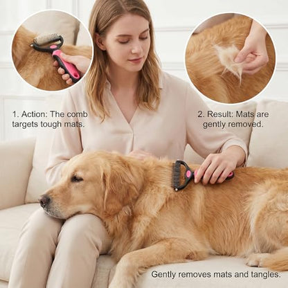 Pet Grooming Tool for Dogs & Cats, Double Sided Deshedding Brush with Undercoat Rake, Dematting Comb for Long Thick Coats, Pet Hair Removal Grooming Comb for Shedding & Detangling (1, Blue, Large)