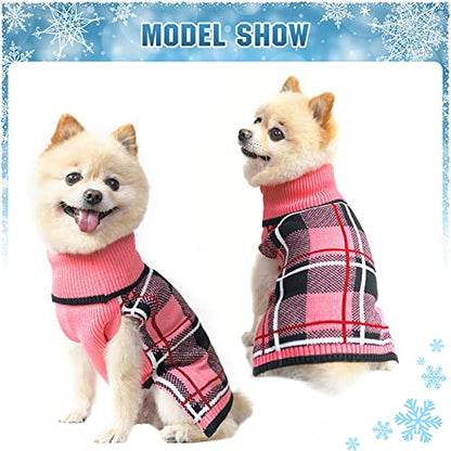 KOOLTAIL Dog Sweater Pet Knitted Clothes - Classic Plaid Pull Over Turtleneck Dog Sweaters with Leash Hole Warm Dogs Winter Pet Clothing for Small Medium Dogs Cats Puppy S - color: Plaid Pink, size: Small