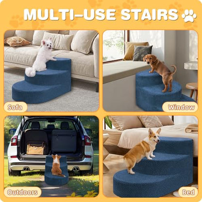 Dog Stairs 3 Steps Foam Pet Ramp for Small Dogs Cats, Navy Blue | Non-slip foam stairs with washable cover, ideal for beds & sofas. Sturdy, safe & easy to clean. - color: Navy blue-3-Step