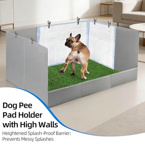High Walls Dog Pee Pad Holder with Artificial Grass, 32.3"x22"x15.7" Foldable No-Splash No Assembly Indoor Dog Litter Box for Small/Medium Dogs Puppy Potty Training (Gray1) - color: (Gray1-with grass pad)