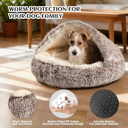 NOYAL Round Hooded Donut Dog Bed for Small & Medium Pets - Plush Fluffy Anti-Anxiety Cat Cave Bed with Cover - color: Gradual brown, size: X-Small 15.7''