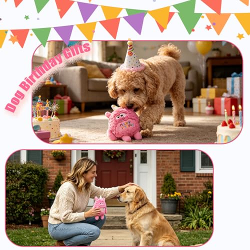 Plush Dog Birthday Toy for Girl Boy Gifts, Crinkle Squeaky Dog Toy Keep Them Busy Tug of War Stuffed Dog Chew Toy for Small Medium Large Dogs (Pink) - color: Pink
