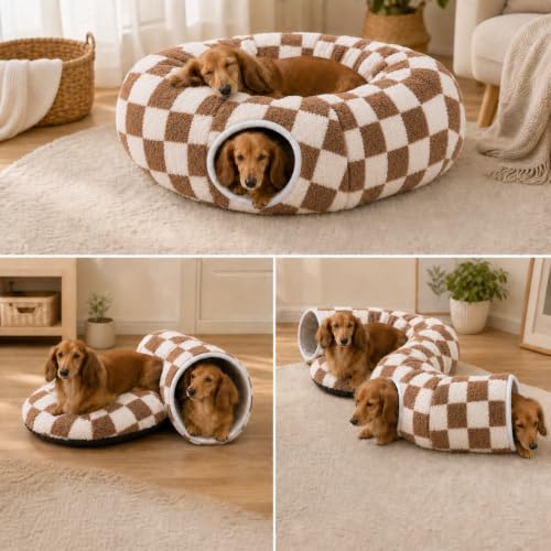 SnugTail Dachshund Tunnel Bed, Brown Checks Design Plush Foldable Dog Cave Bed for Anti-Anxiety, Washable Covered Bed for Miniature Dachshunds, Puppies, Cats, Self-Warming Mat