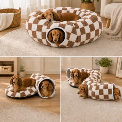 SnugTail Dachshund Tunnel Bed, Brown Checks Design Plush Foldable Dog Cave Bed for Anti-Anxiety, Washable Covered Bed for Miniature Dachshunds, Puppies, Cats, Self-Warming Mat