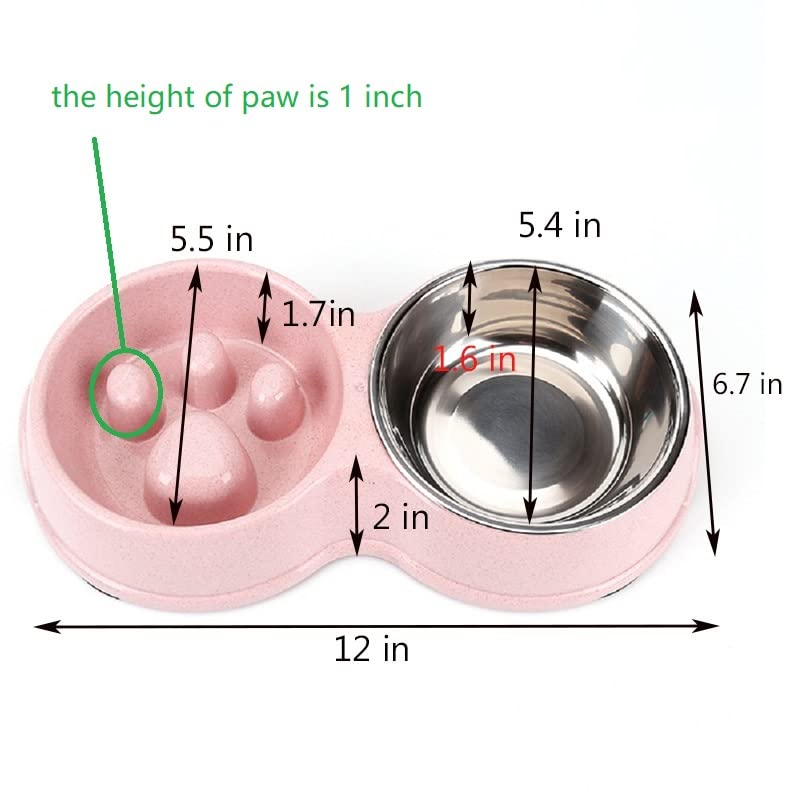 Slow Feeder Dog cat Double Bowl Stainless Steel and Anti-Choking Pink - color: pink