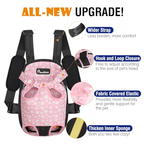 Pawaboo Pet Carrier Backpack, Adjustable Pet Front Cat Dog Carrier Backpack Travel Bag, Legs Out, Easy-Fit for Traveling Hiking for Small Medium Dogs Cats Puppies, Extra Large, Black + Pink Daisy - color: A-Black + Pink Daisy, style: Extra Large (Pack of