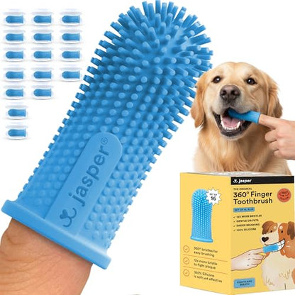 Jasper Dog Toothbrush, 360 Degree Pet Tooth Brushing Kit, Cat Toothbrush, Canine Dental Care & Teeth Cleaning Kit, Pet Finger Tooth Brush, Use with Dog Toothpaste, 16-Pack Blue - color: Blue (16pack)