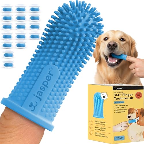 Jasper Dog Toothbrush, 360 Degree Pet Tooth Brushing Kit, Cat Toothbrush, Canine Dental Care & Teeth Cleaning Kit, Pet Finger Tooth Brush, Use with Dog Toothpaste, 16-Pack Blue - color: Blue (16pack)