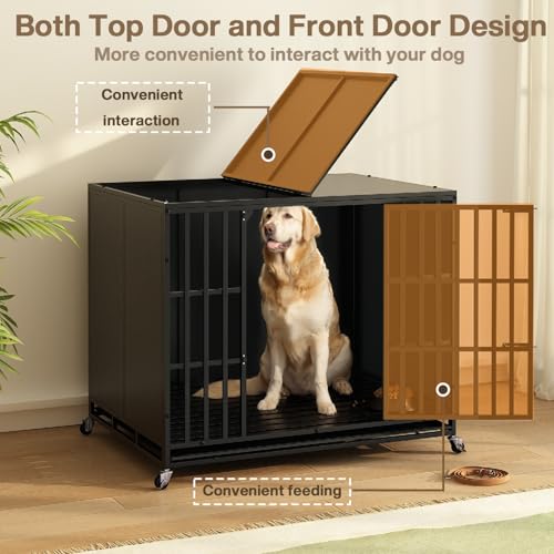 LEMBERI 42 inch Heavy Duty Indestructible Dog Crate, High Anxiety Extra Large Dog Cage for Large Dogs, XL Steel Escape Proof Dog Kennel with Wheels and Removable Tray - color: Black, size: 43.3"L x 30.7"W x 33.8"H