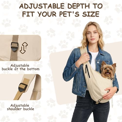 Dog Carrier Sling for Small Dogs/Cats Up to 15 lbs - Multi-Pocket Oxford Pet Sling Carrier Bag with Adjustable Strap (Beige) - color: Beige
