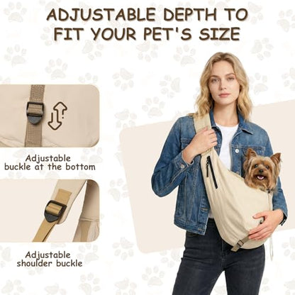Dog Carrier Sling for Small Dogs/Cats Up to 15 lbs - Multi-Pocket Oxford Pet Sling Carrier Bag with Adjustable Strap (Beige) - color: Beige