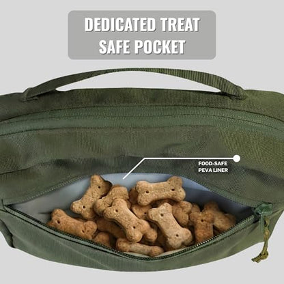 Dog Walking Bag, Treat Pouch & Poop Bag Holder, Crossbody Bag, Olive Green | Crossbody dog walking bag, hands-free. PEVA-lined treat pouch, poop bag holder, leash hook. Water-resistant, 4-50 in. strap - color: Olive Green