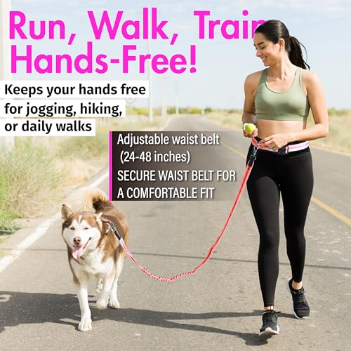 Hands Free Dog Leash with Waist Belt Lifetime Replacement, Dual Handle Bungee Leash for Running, Jogging, Hiking and Walking, for Medium and Large Dogs 5118 - color: Pink