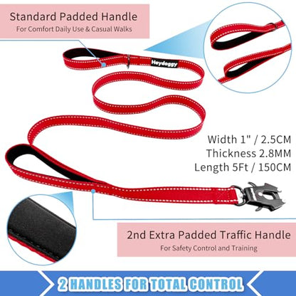 Strong Heavy Duty Dog Leash - 5ft Reflective Nylon Training Leash with Soft Padded Double Handle & Auto Lock Frog Clip - Safety Traffic Control for Large Medium Small Dogs No Pull Walk Red,5ft - color: Red, size: 5FT x 1" x 2.8MM