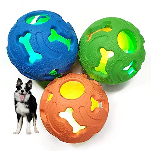 Leejec Dog Toys, 2.5" Interactive Light up Balls, Chew Toys for Medium and Small Breed, Rubber Durable Fetch Training Balls, Pet Birthday Gift, 3-Pack