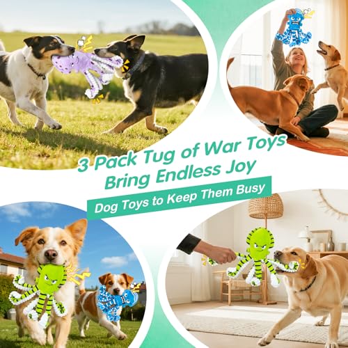 Fuufome Octopus Dog Chew Toys, 3 Pack No Stuffing Squeaky Interactive Crinkle Plush Toy for Puppy Small Medium Large Dogs, Toss & Fetch, Keep Dogs Busy