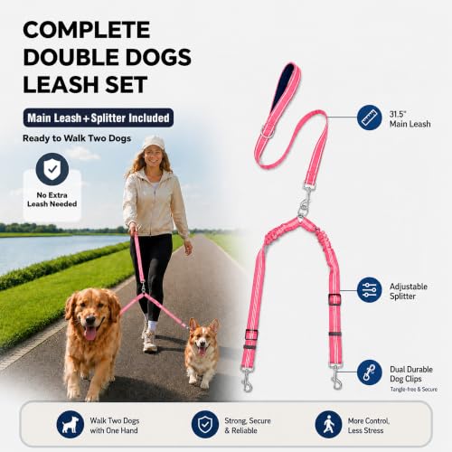 Double Dog Leash for Two Dogs, Complete Set with 31.5" Main Leash + Adjustable Splitter, Padded Handle, D-Ring, 360° Swivel, Shock-Absorbing Bungee, Reflective for Small Medium Large Dogs (Pink) - color: Pink
