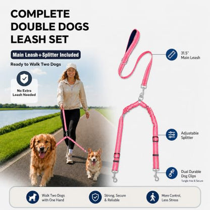 Double Dog Leash for Two Dogs, Complete Set with 31.5" Main Leash + Adjustable Splitter, Padded Handle, D-Ring, 360° Swivel, Shock-Absorbing Bungee, Reflective for Small Medium Large Dogs (Pink) - color: Pink