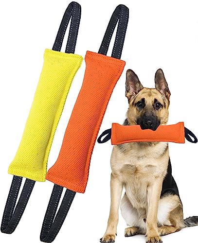Clysoru Dog Tug Toy Double Pack Tough Jute Bite Pillow Training Equipment Puppy to Large Dogs Interactive - color: orange yellow