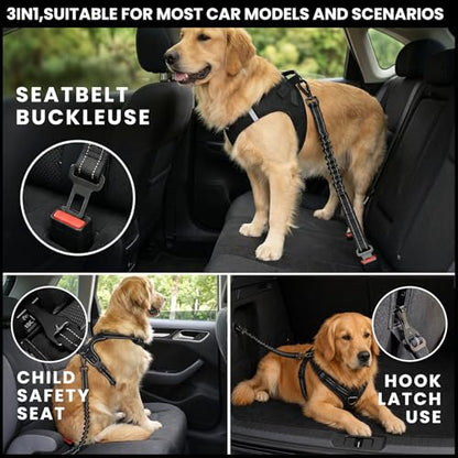 Dog Car Seat Belt 3-in-1, Escape Proof Dog Seatbelt for Car, Adjustable Pet Seat Belt with Shock Absorbing Bungee, Heavy Duty Dog Safety Belt for Small Medium Large Dogs, Black - color: Black