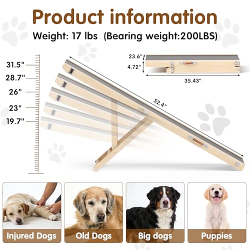 Foldable Dog Ramp for High Beds & SUVs, 63 Inch with High-Traction Mat. Adjustable Height (19.7"-31.5") for Medium, Large & XL Dogs - Portable Pet Stairs Alternative - size: 63"L x 16.7"W x 2.4"H