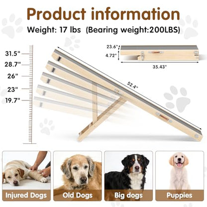 Foldable Dog Ramp for High Beds & SUVs, 63 Inch with High-Traction Mat. Adjustable Height (19.7"-31.5") for Medium, Large & XL Dogs - Portable Pet Stairs Alternative - size: 63"L x 16.7"W x 2.4"H